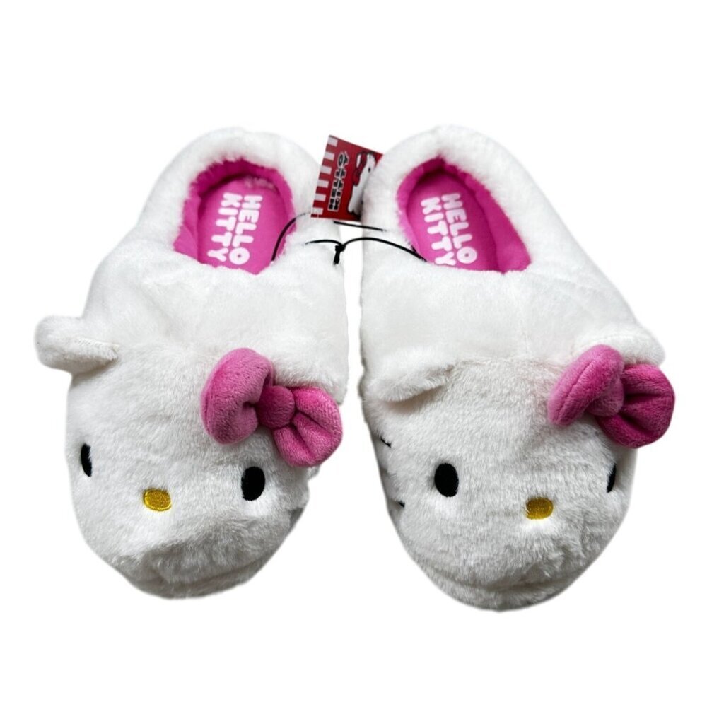 Hello Kitty Slippers Womens Size 9-10 White Pink Bow Plush House Shoes Sanrio - Picture 3 of 11